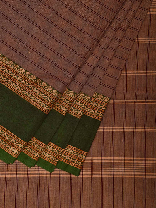 Fawn Kanchipuram Cotton Saree with Strips and Ganga-Jamuna Border Design k0781