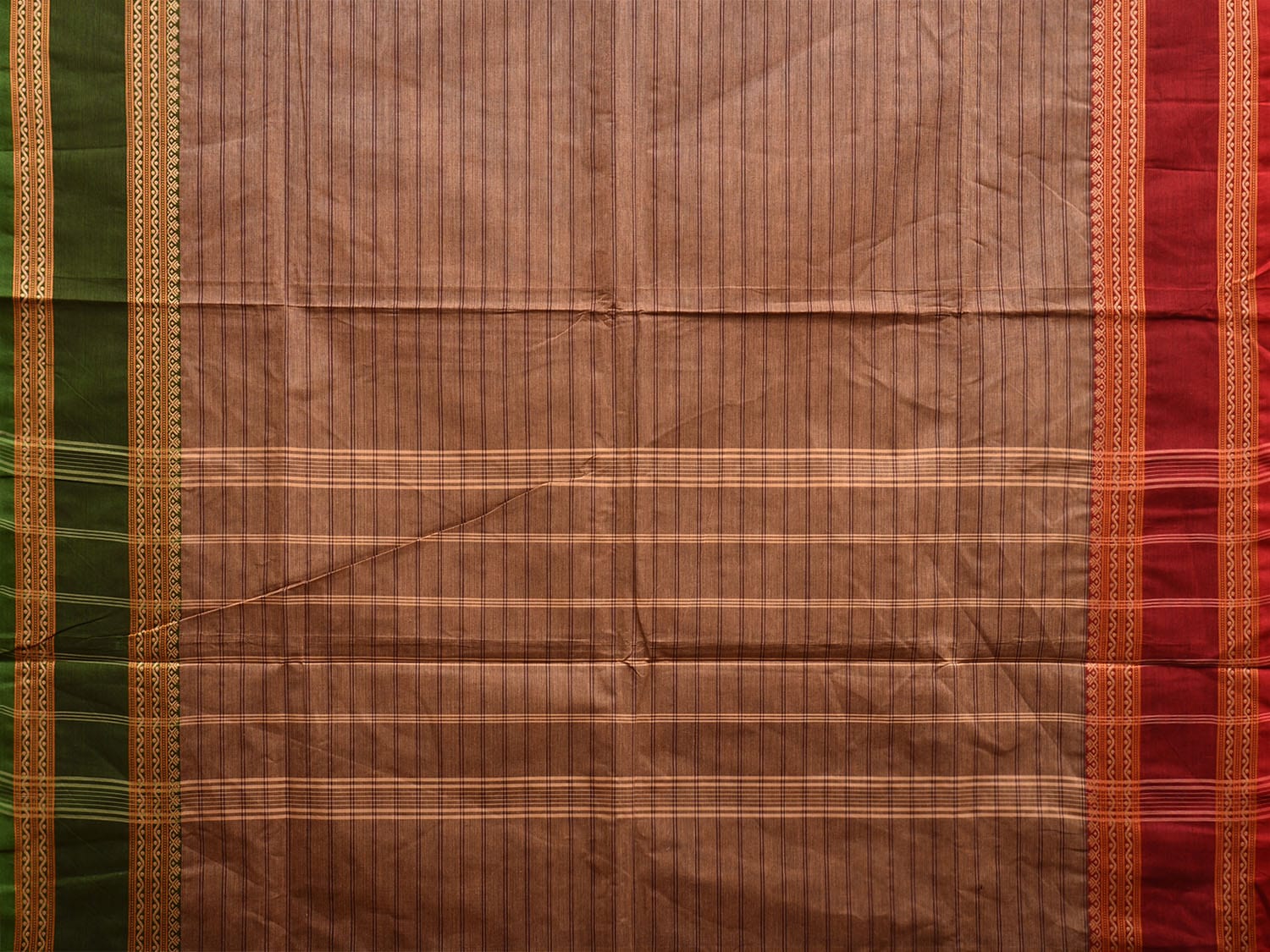 Fawn Kanchipuram Cotton Saree with Strips and Ganga-Jamuna Border Design k0781