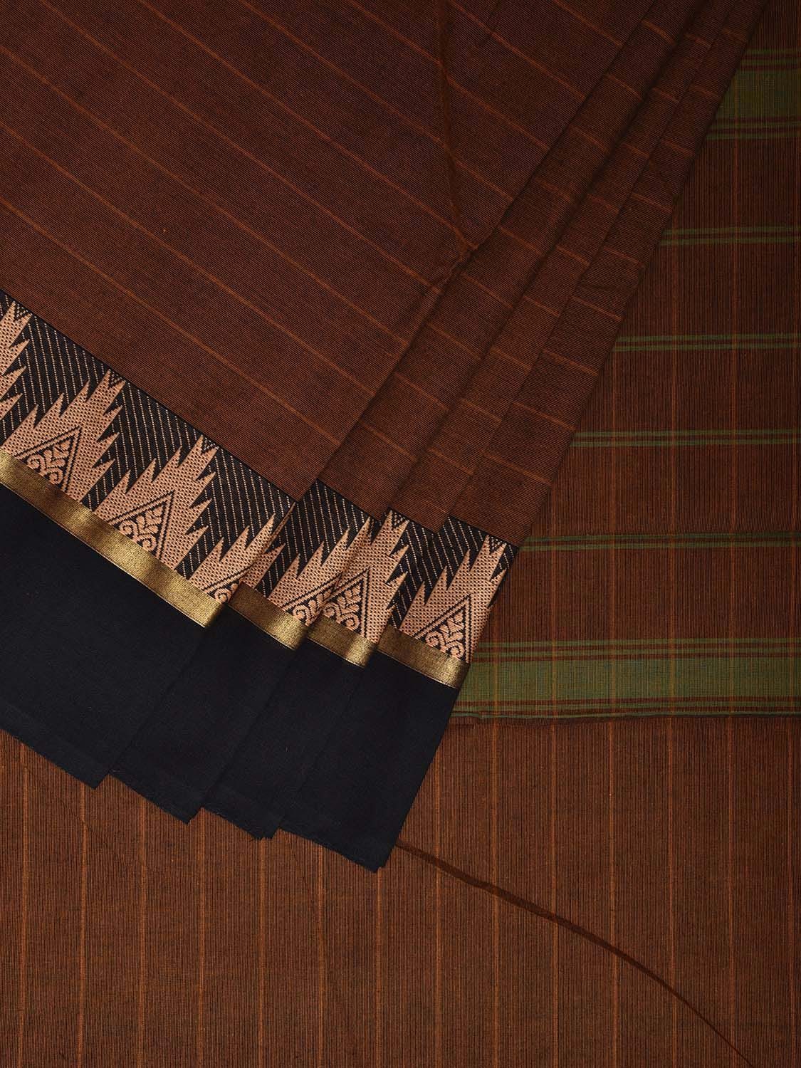 Fawn Kanchipuram Cotton Saree with Strips and Temple Border Design Kalamkari Blouse k0827