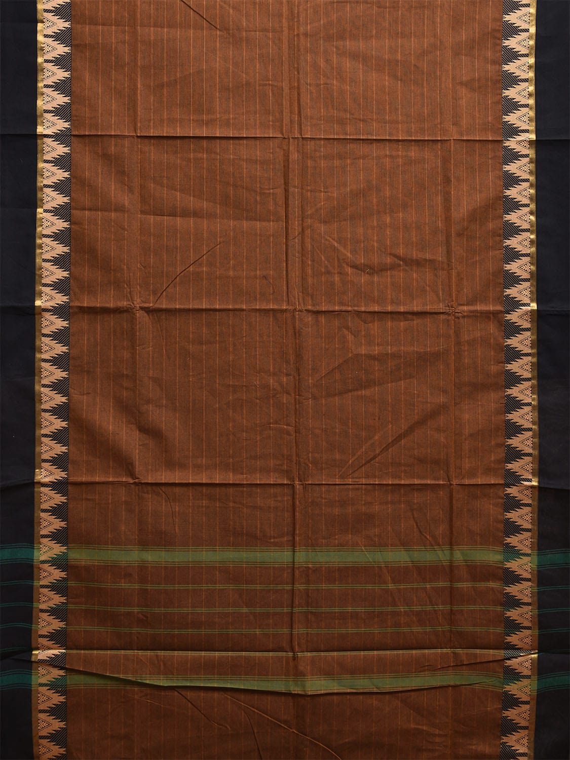 Fawn Kanchipuram Cotton Saree with Strips and Temple Border Design Kalamkari Blouse k0827