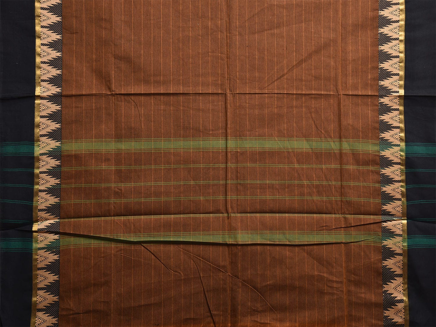 Fawn Kanchipuram Cotton Saree with Strips and Temple Border Design Kalamkari Blouse k0827