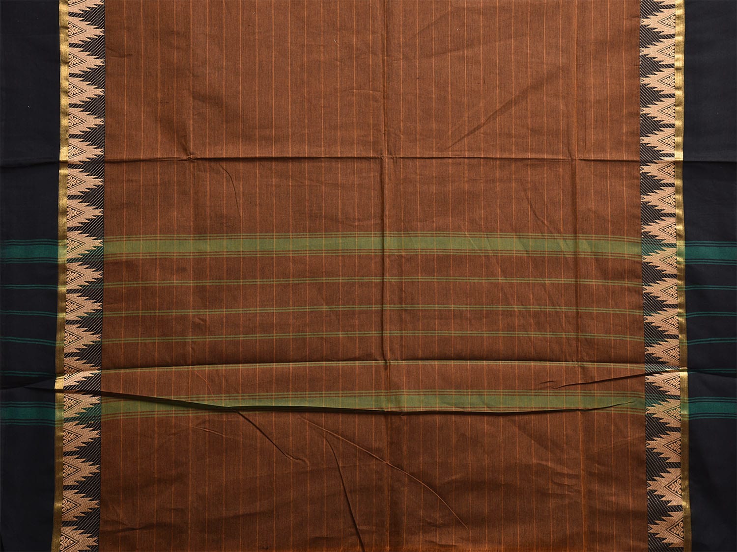 Fawn Kanchipuram Cotton Saree with Strips and Temple Border Design Kalamkari Blouse k0827