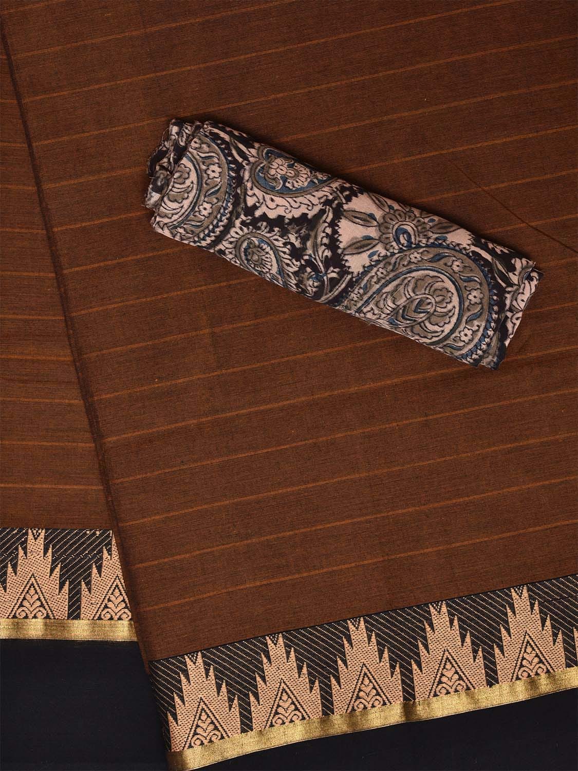 Fawn Kanchipuram Cotton Saree with Strips and Temple Border Design Kalamkari Blouse k0827