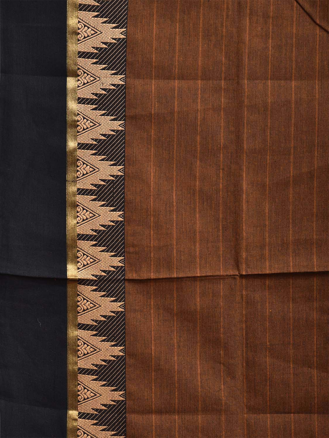 Fawn Kanchipuram Cotton Saree with Strips and Temple Border Design Kalamkari Blouse k0827