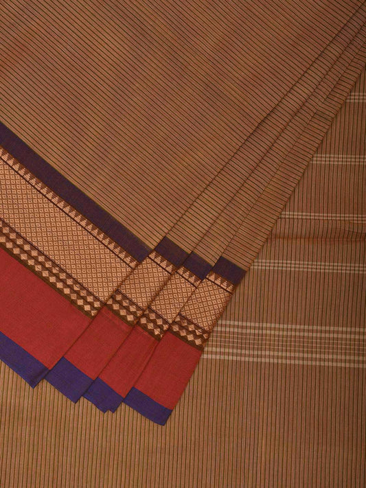 Fawn Kanchipuram Cotton Saree with Strips Body and Pallu Design k0782