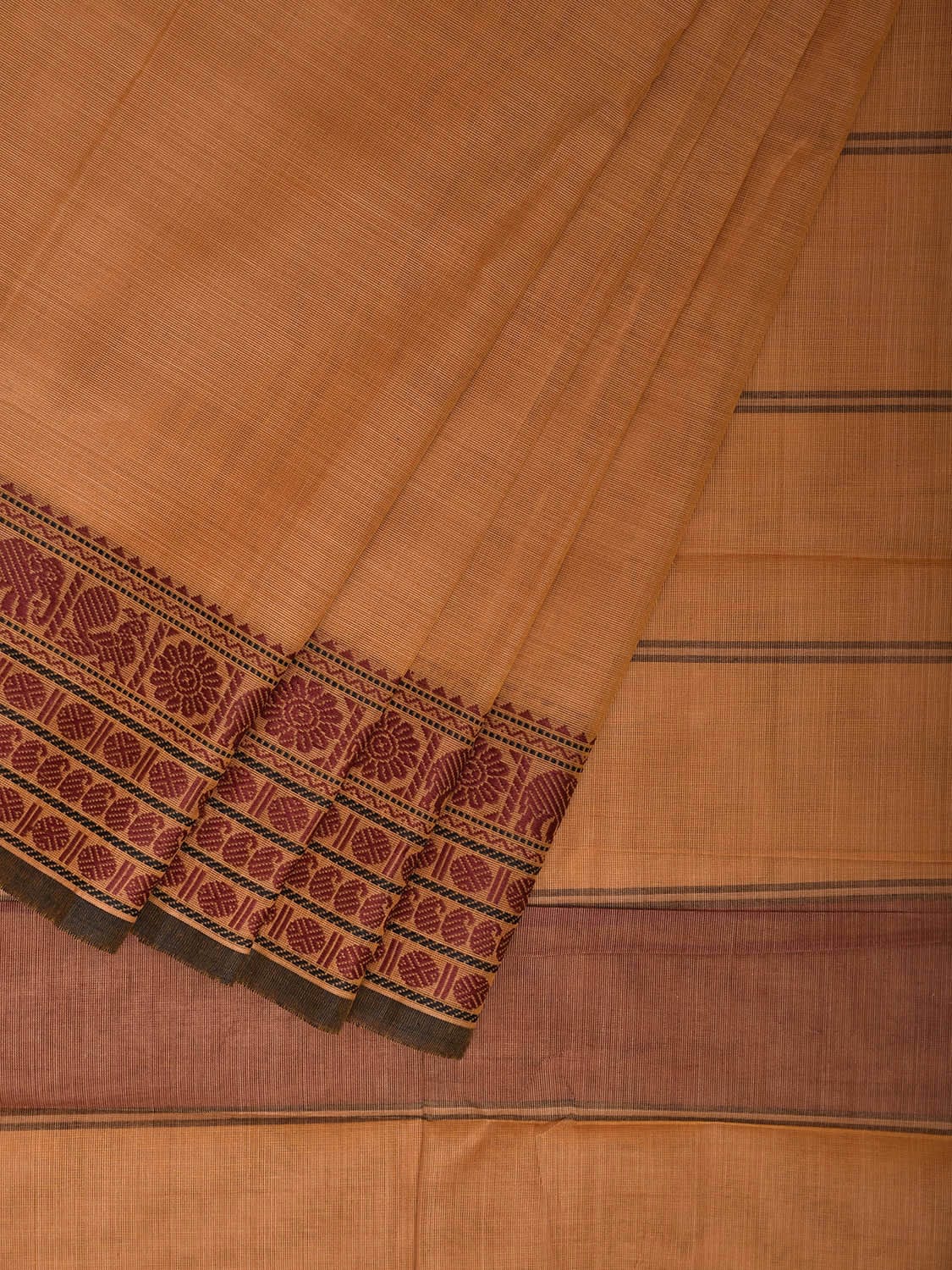 Fawn Kanchipuram Cotton Saree with Strips Pallu and Border Design k0869