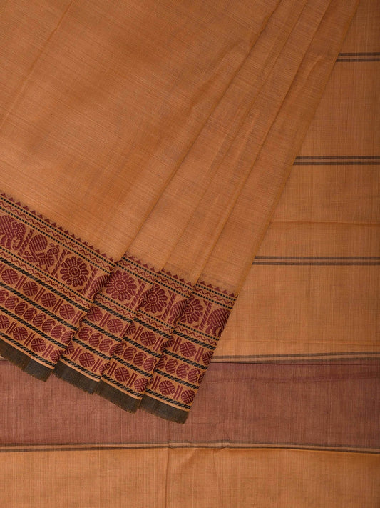 Fawn Kanchipuram Cotton Saree with Strips Pallu and Border Design k0869