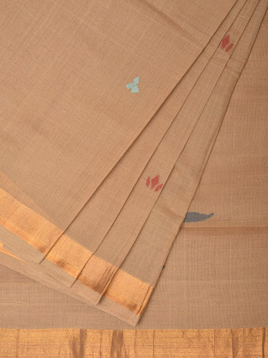 Fawn Khadi Cotton Handloom Saree with Plants Pallu Design kh0641