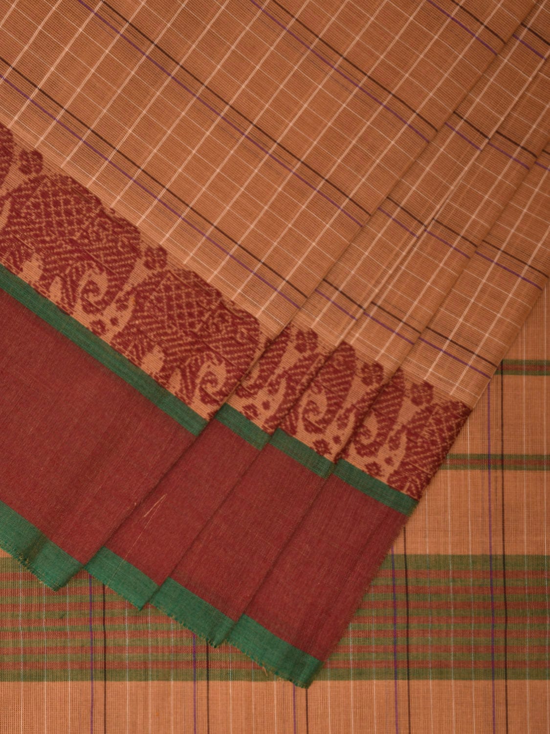 Fawn Narayanpet Cotton Handloom Saree with Checks and Elephant Border Design No Blouse np0946