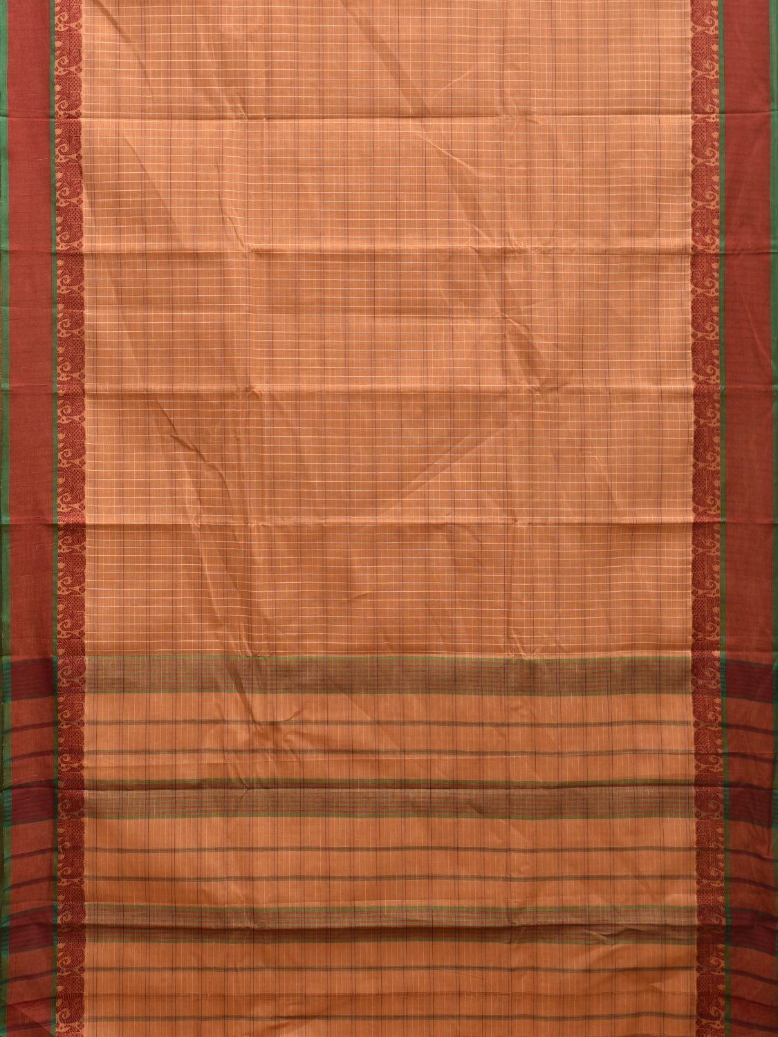 Fawn Narayanpet Cotton Handloom Saree with Checks and Elephant Border Design No Blouse np0946