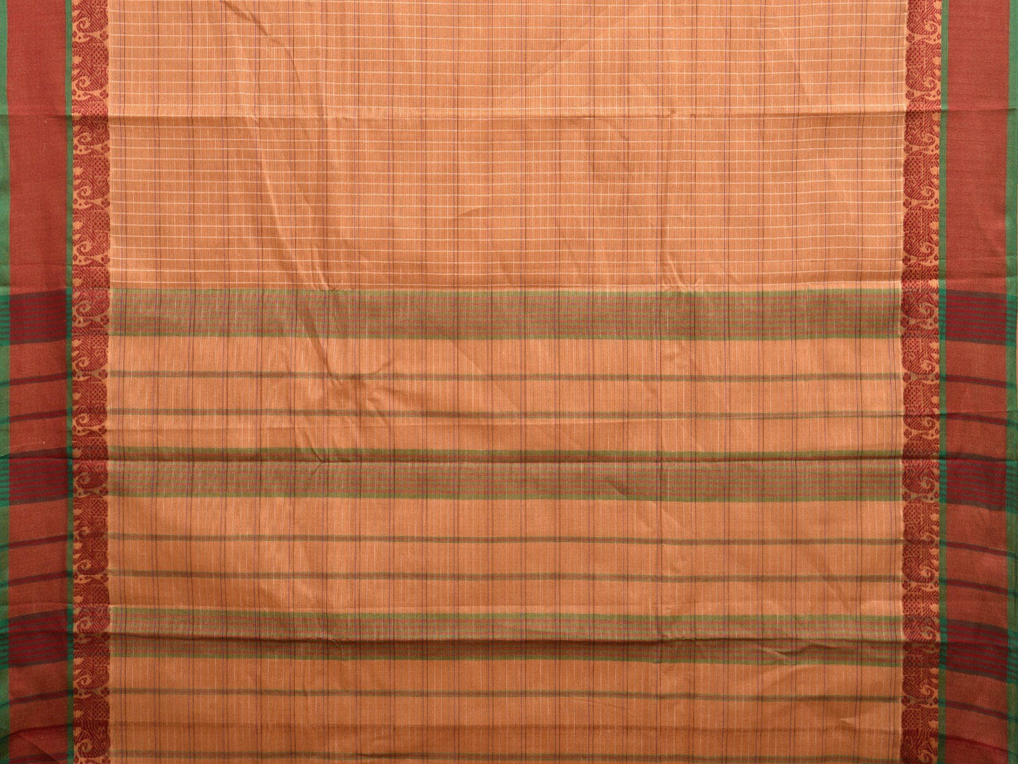 Fawn Narayanpet Cotton Handloom Saree with Checks and Elephant Border Design No Blouse np0946