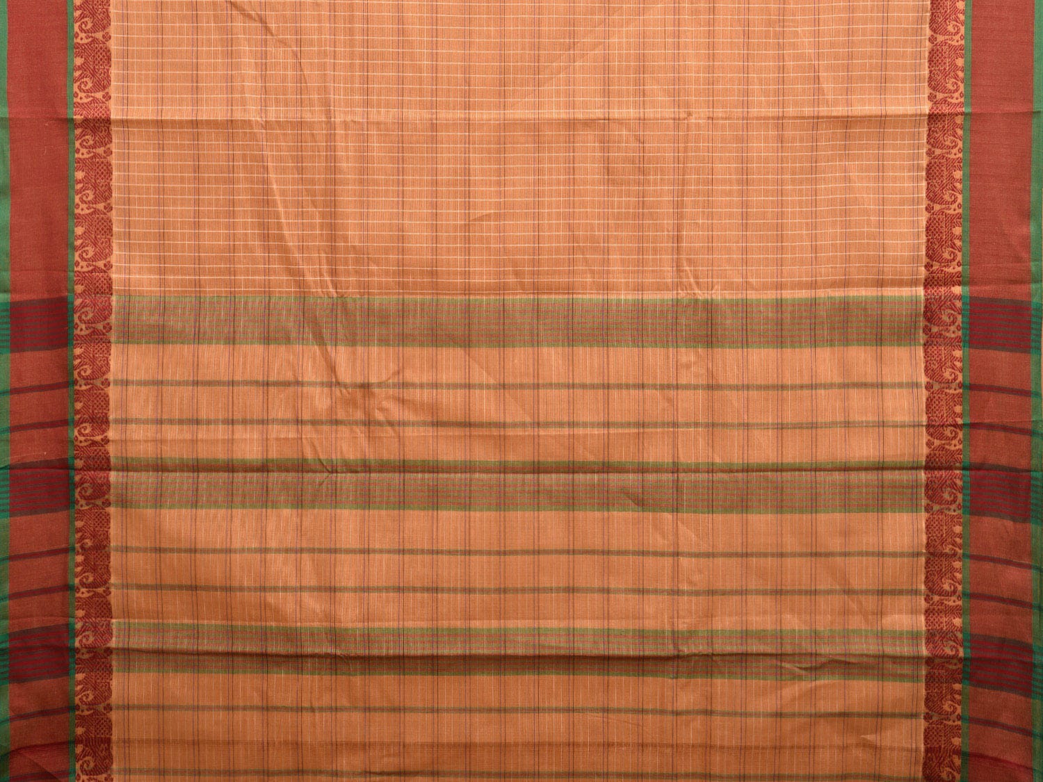 Fawn Narayanpet Cotton Handloom Saree with Checks and Elephant Border Design No Blouse np0946