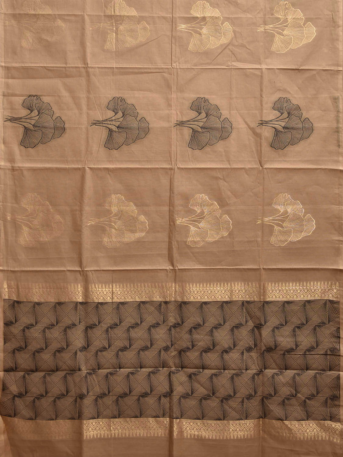 Fawn Venkatagiri Cotton Saree with Leaves Buta and Pallu Design v0121