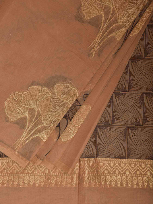 Fawn Venkatagiri Cotton Saree with Leaves Buta and Pallu Design v0121