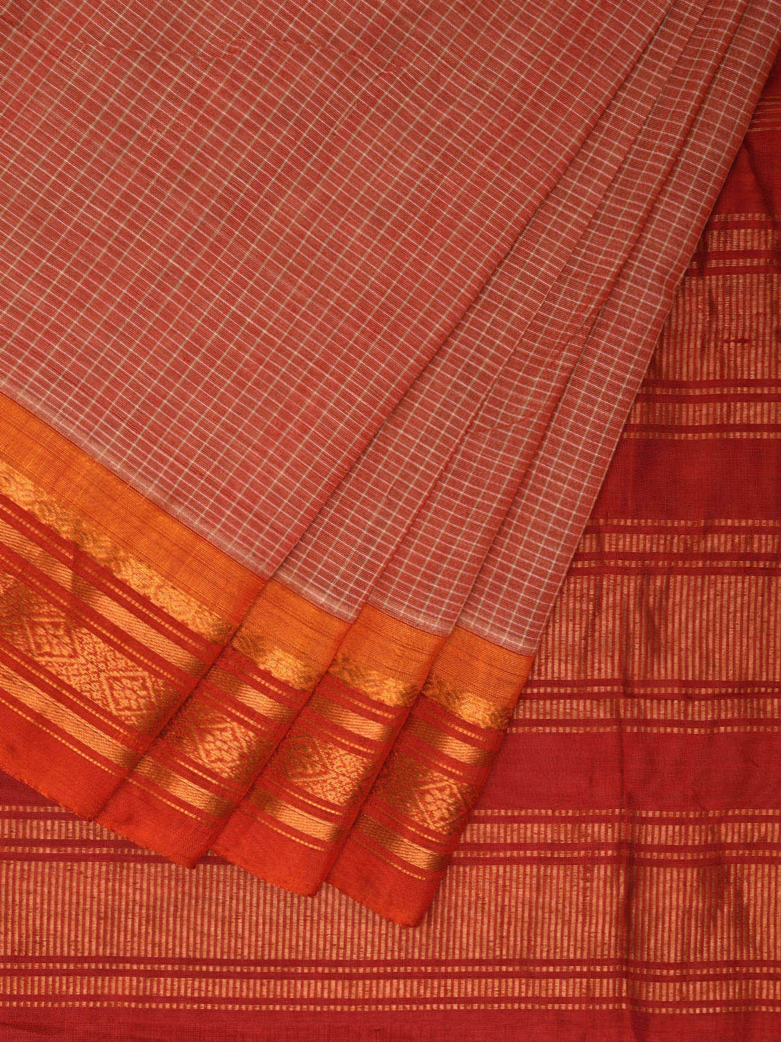 Light Orange and Red Gadwal Cotton Handloom Saree with Checks Design No Blouse g0388