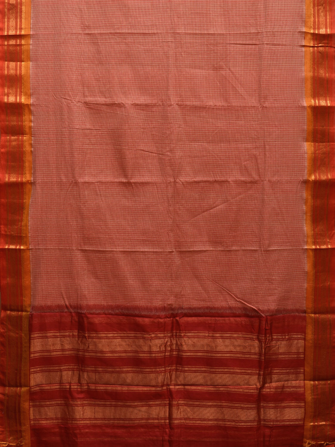 Light Orange and Red Gadwal Cotton Handloom Saree with Checks Design No Blouse g0388