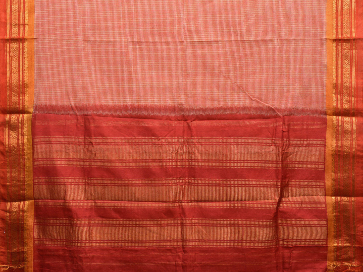 Light Orange and Red Gadwal Cotton Handloom Saree with Checks Design No Blouse g0388