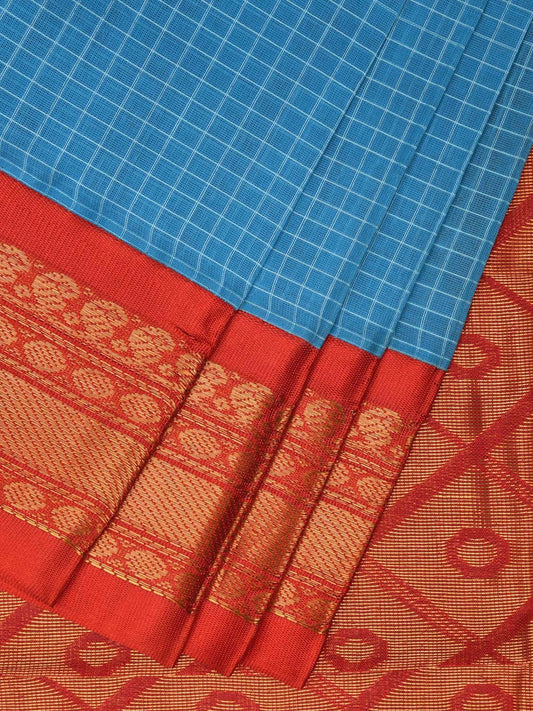 Blue and Red Gadwal Cotton Saree with Checks Body and Pallu Design No Blouse g0389