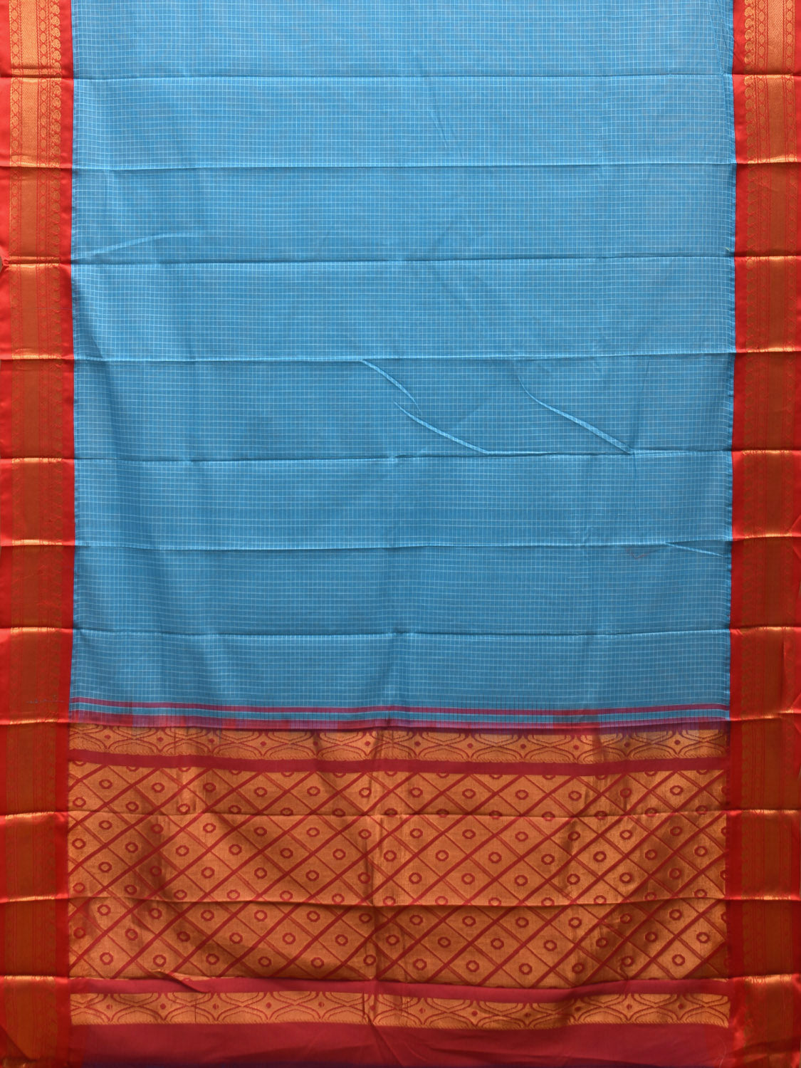 Blue and Red Gadwal Cotton Saree with Checks Body and Pallu Design No Blouse g0389