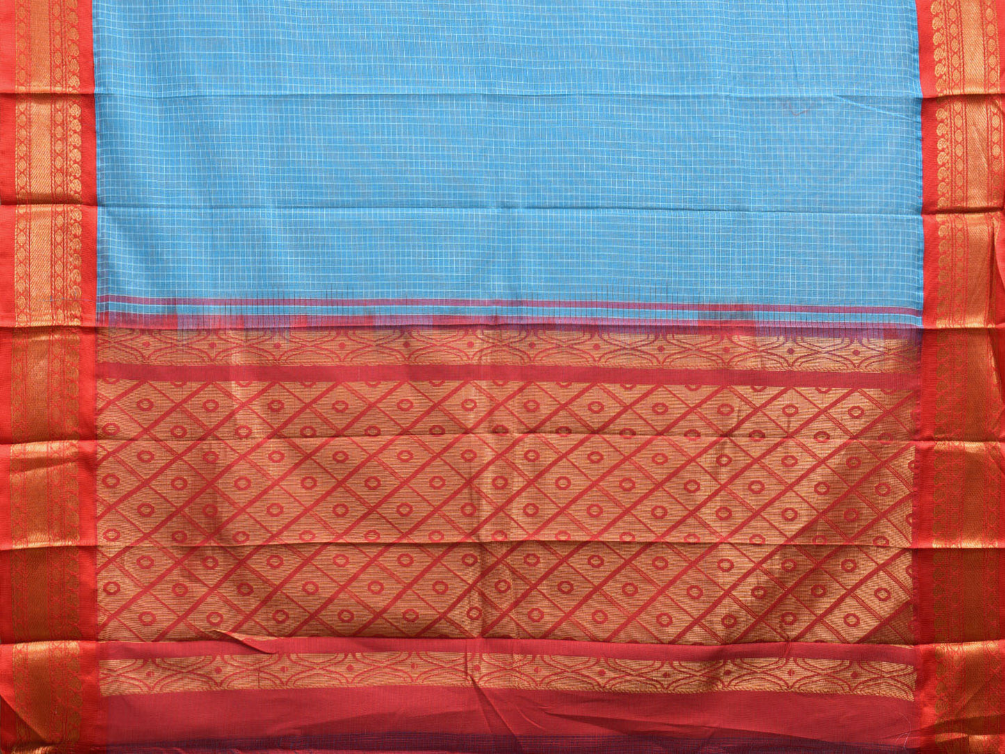Blue and Red Gadwal Cotton Saree with Checks Body and Pallu Design No Blouse g0389