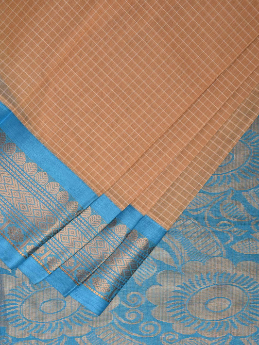 Cream and Blue Gadwal Cotton Saree with Checks Body and Pallu Design No Blouse g0390