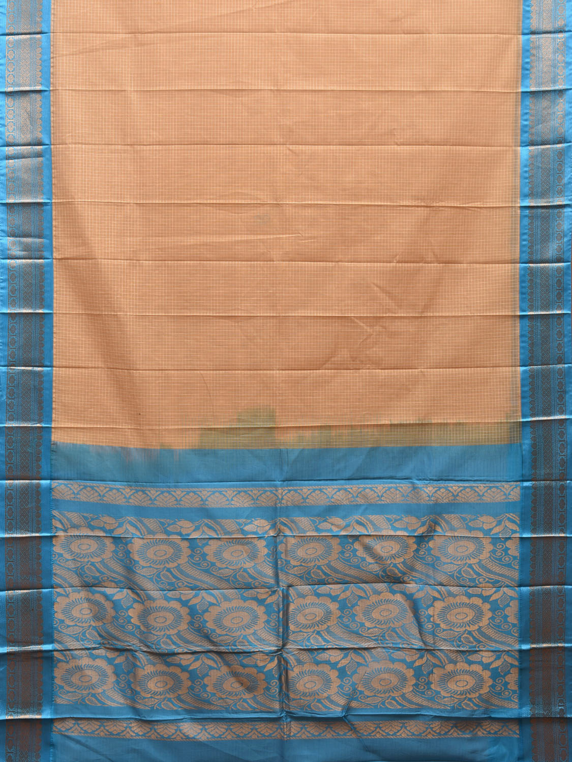 Cream and Blue Gadwal Cotton Saree with Checks Body and Pallu Design No Blouse g0390