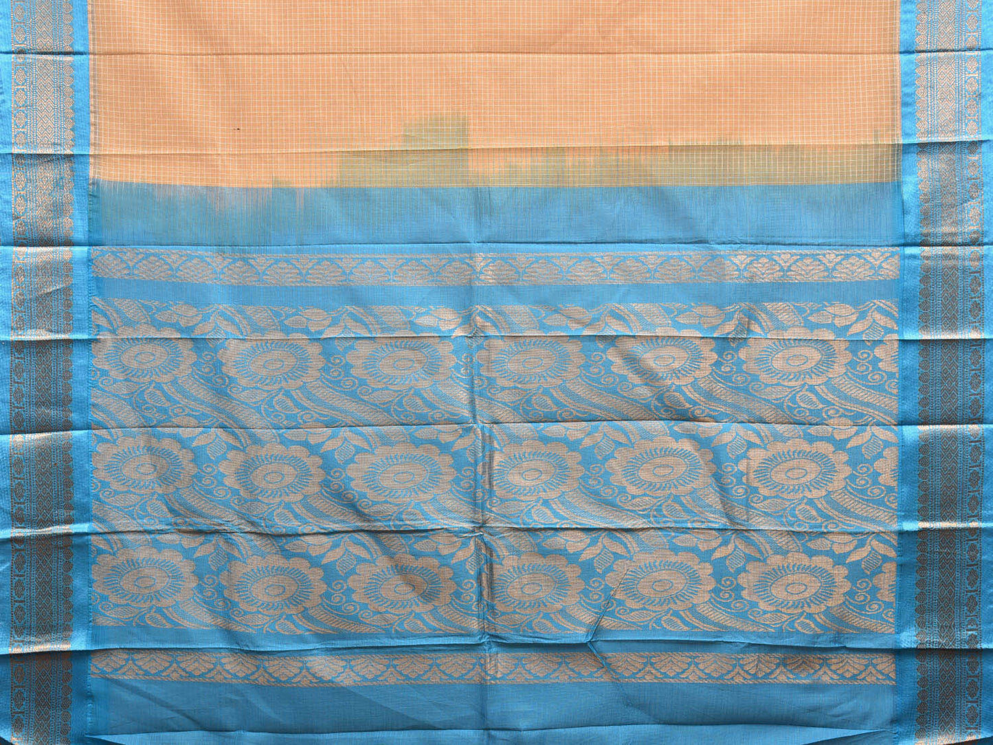 Cream and Blue Gadwal Cotton Saree with Checks Body and Pallu Design No Blouse g0390