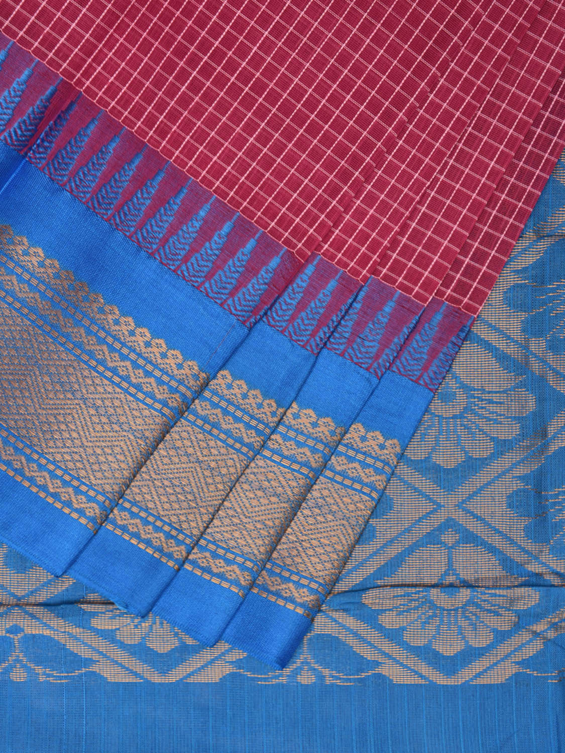 Pink and Blue Gadwal Cotton Saree with Checks Body and Pallu Design No Blouse g0391