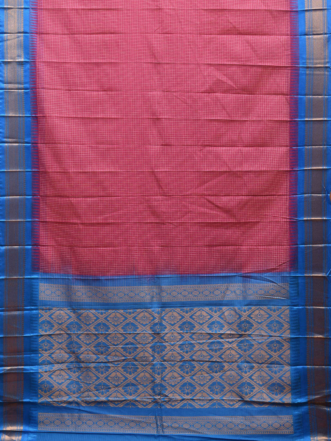 Pink and Blue Gadwal Cotton Saree with Checks Body and Pallu Design No Blouse g0391