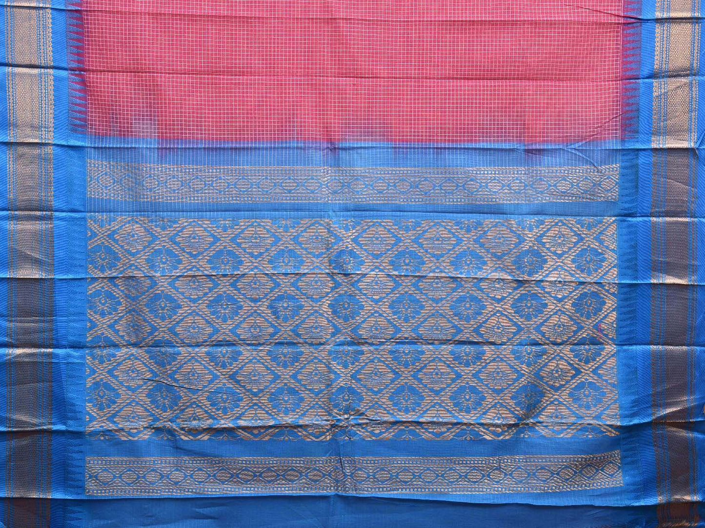 Pink and Blue Gadwal Cotton Saree with Checks Body and Pallu Design No Blouse g0391