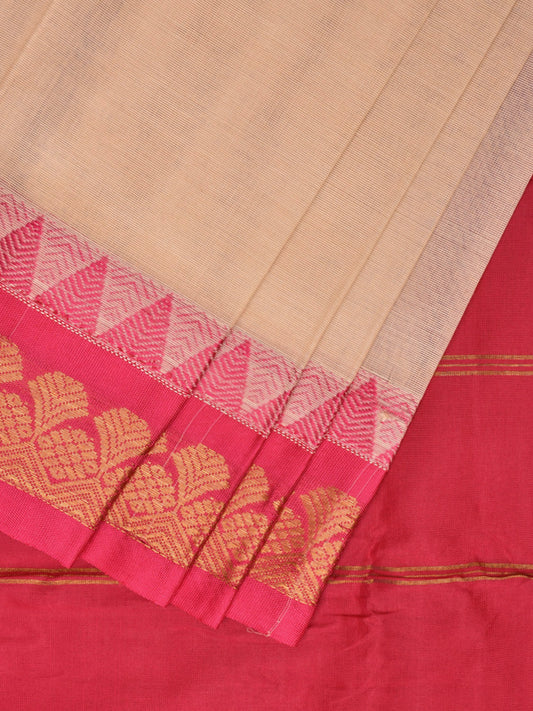 Cream and Pink Gadwal Cotton Plain Saree with Strips Pallu and Border Design No Blouse g0392