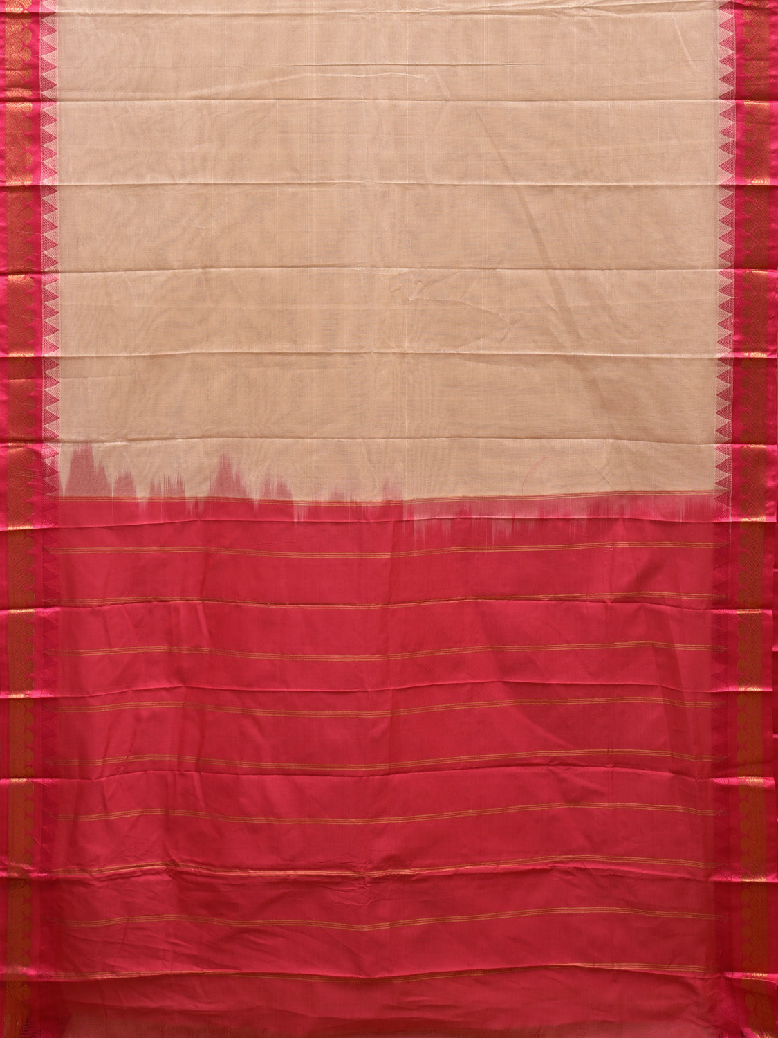 Cream and Pink Gadwal Cotton Plain Saree with Strips Pallu and Border Design No Blouse g0392