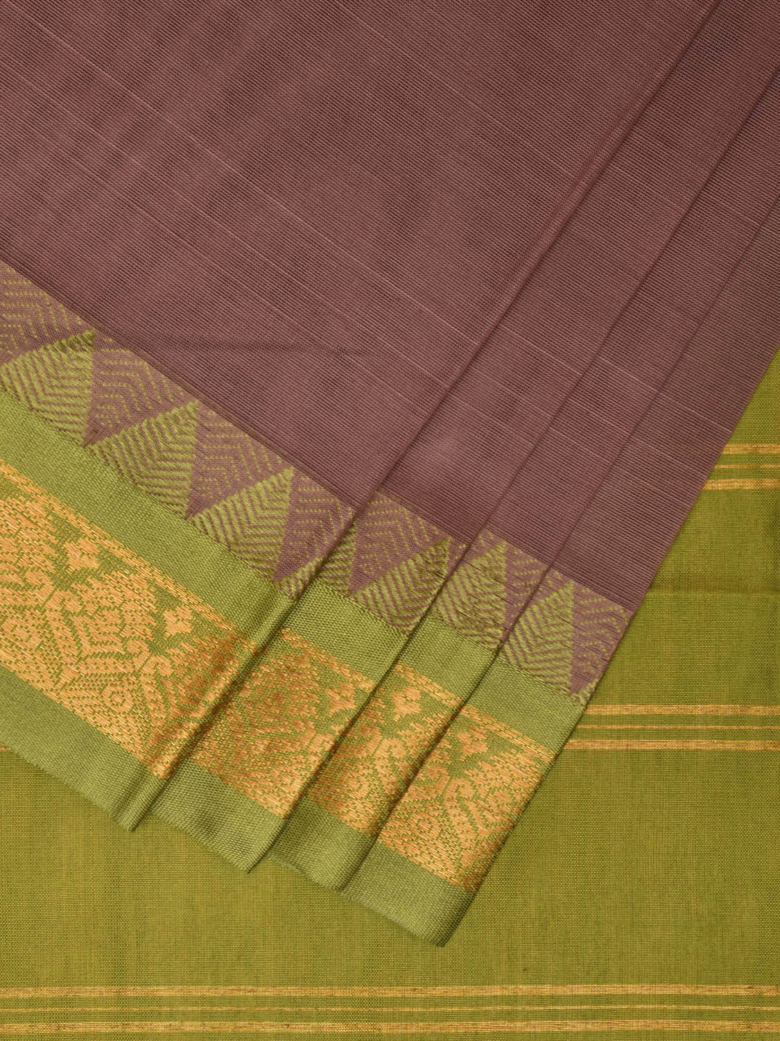 Grey and Green Gadwal Cotton Plain Saree with Strips Pallu and Border Design No Blouse g0393