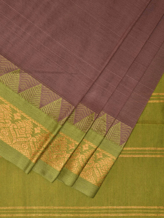 Grey and Green Gadwal Cotton Plain Saree with Strips Pallu and Border Design No Blouse g0393