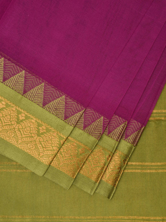 Purple and Green Gadwal Cotton Plain Saree with Strips Pallu and Border Design No Blouse g0395