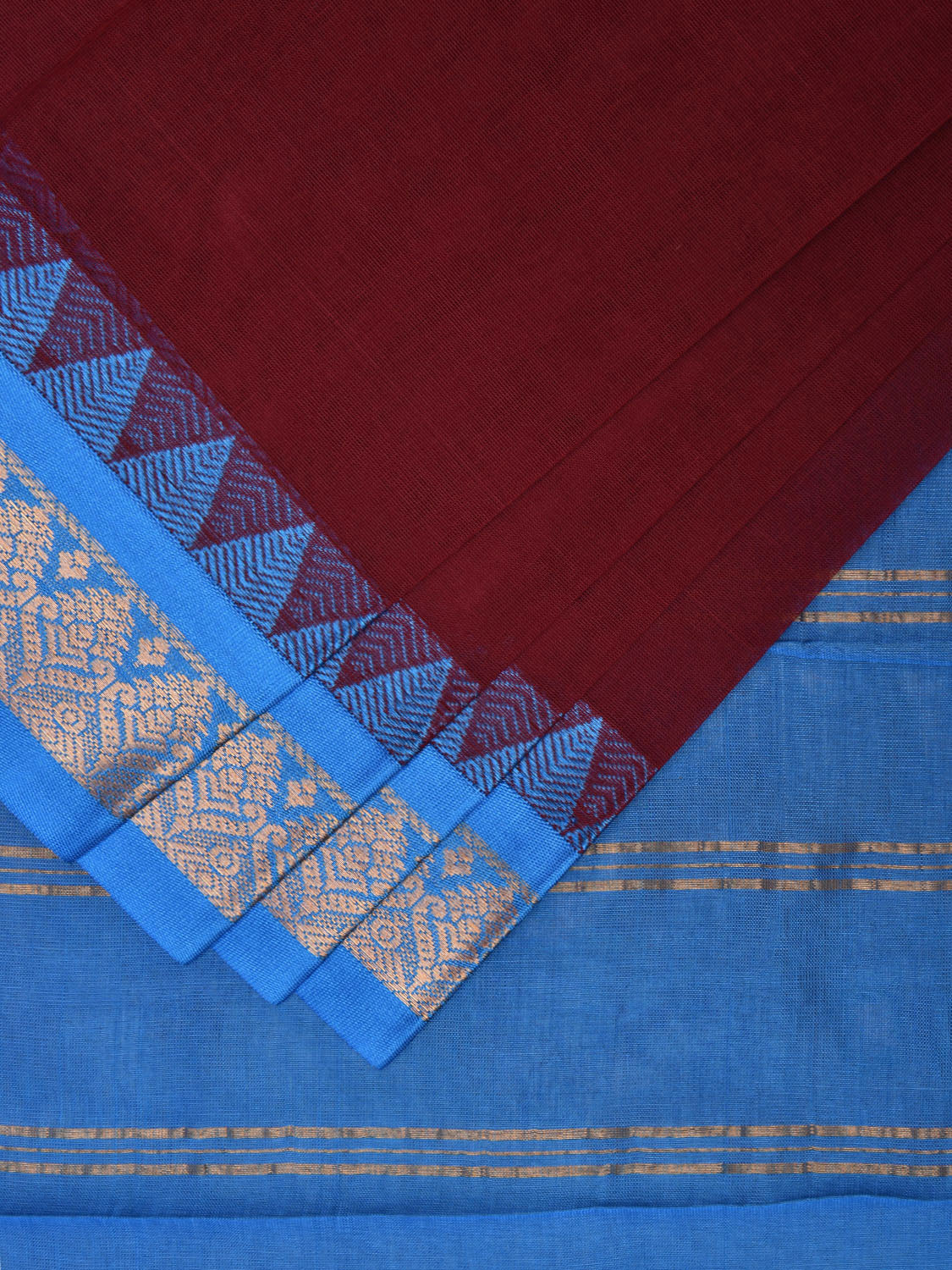 Maroon and Blue Gadwal Cotton Plain Saree with Strips Pallu and Border Design No Blouse g0396