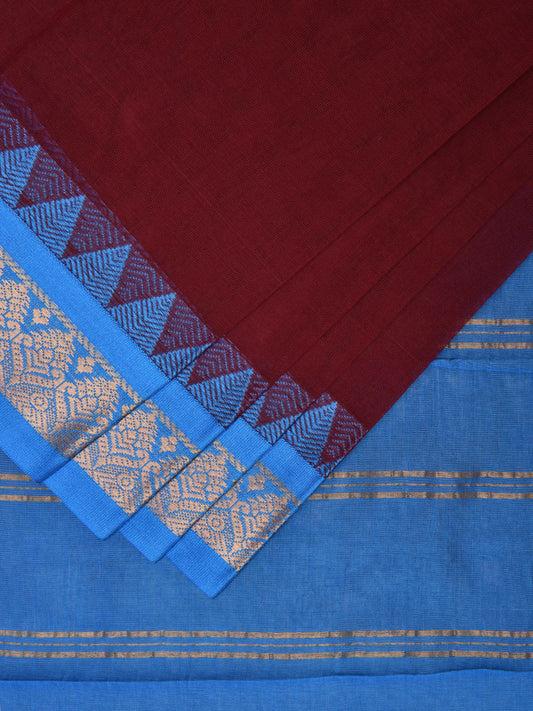 Maroon and Blue Gadwal Cotton Plain Saree with Strips Pallu and Border Design No Blouse g0396
