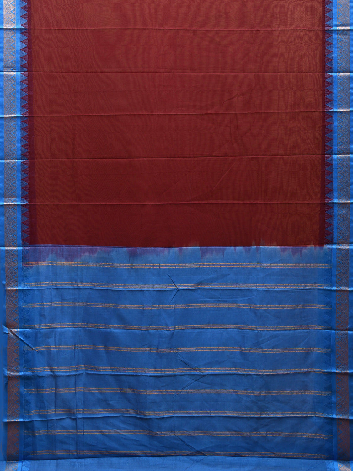 Maroon and Blue Gadwal Cotton Plain Saree with Strips Pallu and Border Design No Blouse g0396