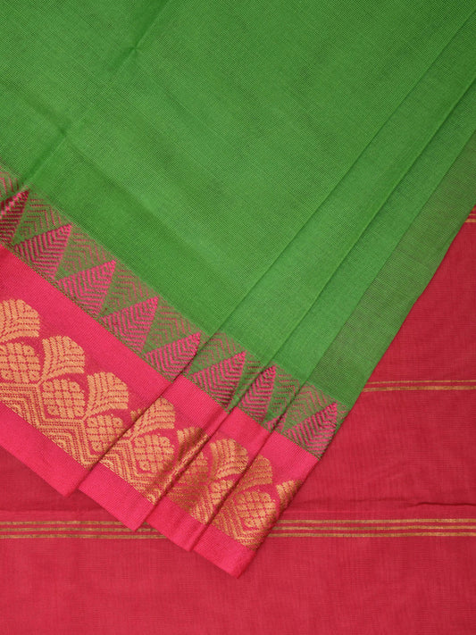 Green and Pink Gadwal Cotton Plain Saree with Strips Pallu and Border Design No Blouse g0397