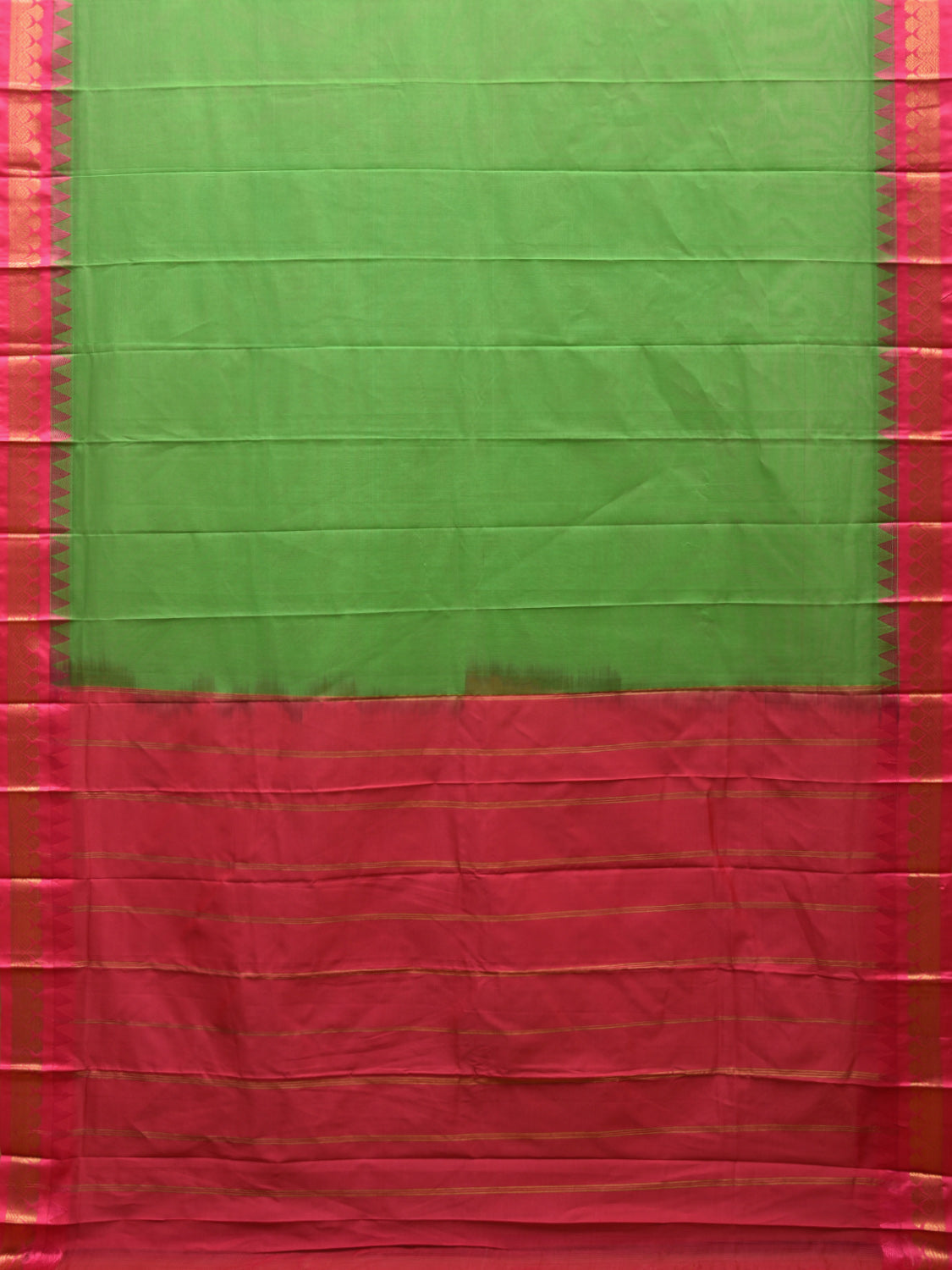 Green and Pink Gadwal Cotton Plain Saree with Strips Pallu and Border Design No Blouse g0397