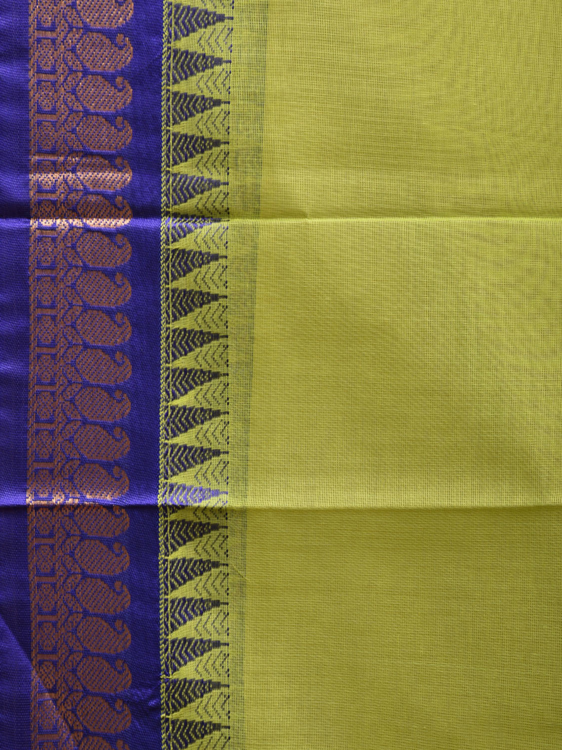 Lemon Green and Dark Blue Gadwal Cotton Plain Saree with Strips Pallu and Border Design No Blouse g0398