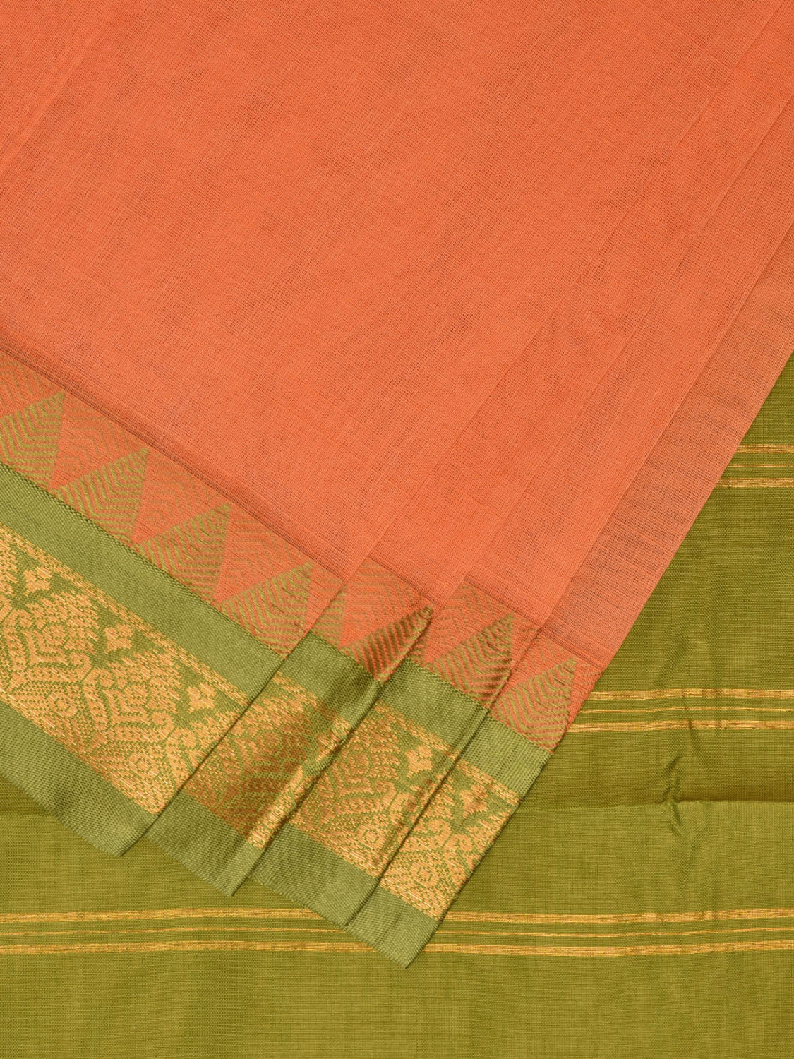 Peach and Green Gadwal Cotton Plain Saree with Strips Pallu and Border Design No Blouse g0399