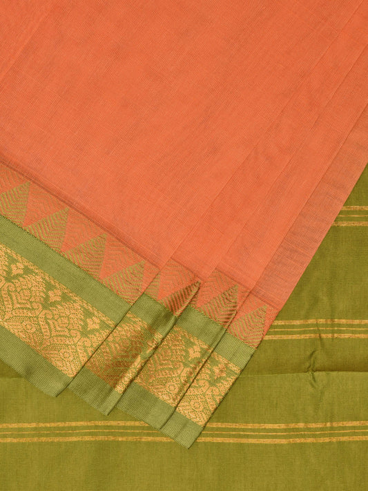 Peach and Green Gadwal Cotton Plain Saree with Strips Pallu and Border Design No Blouse g0399