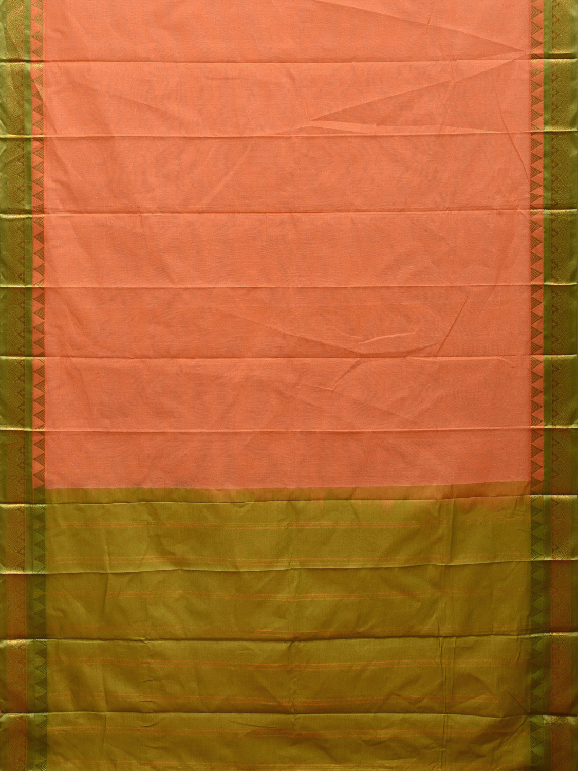 Peach and Green Gadwal Cotton Plain Saree with Strips Pallu and Border Design No Blouse g0399
