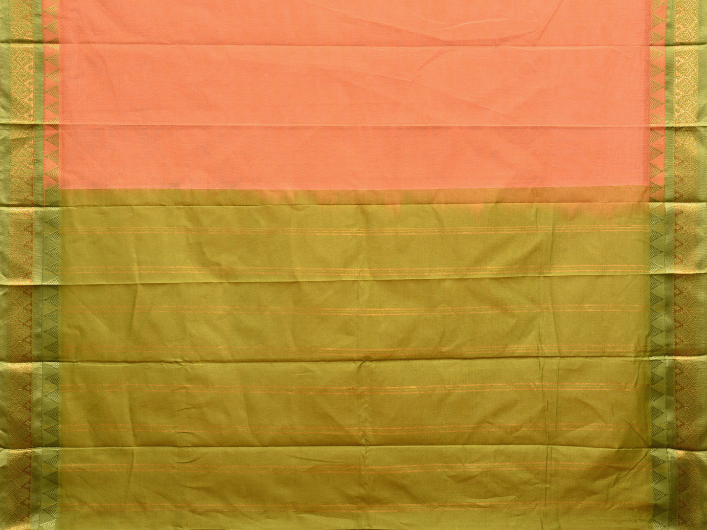 Peach and Green Gadwal Cotton Plain Saree with Strips Pallu and Border Design No Blouse g0399