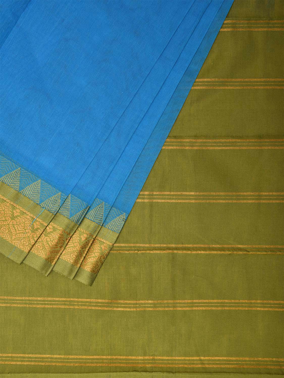 Blue and Green Gadwal Cotton Plain Saree with Strips Pallu and Border Design No Blouse g0400