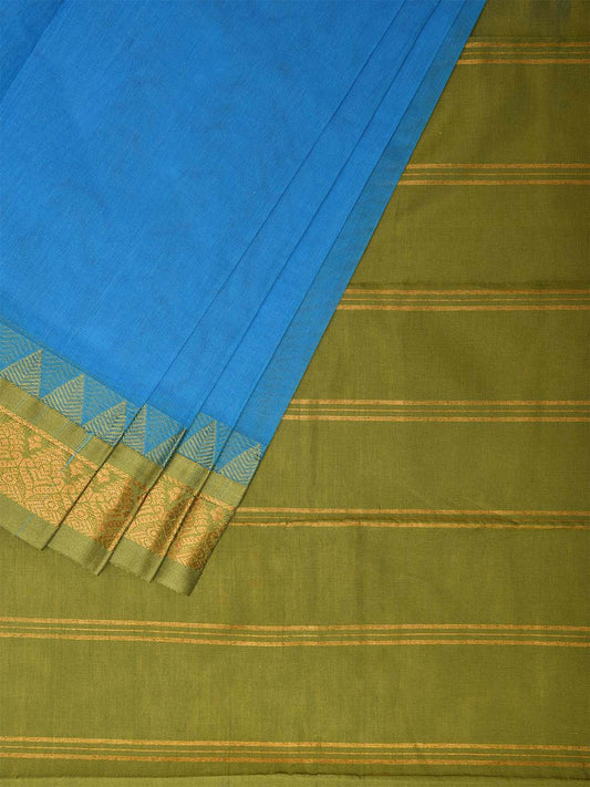 Blue and Green Gadwal Cotton Plain Saree with Strips Pallu and Border Design No Blouse g0400