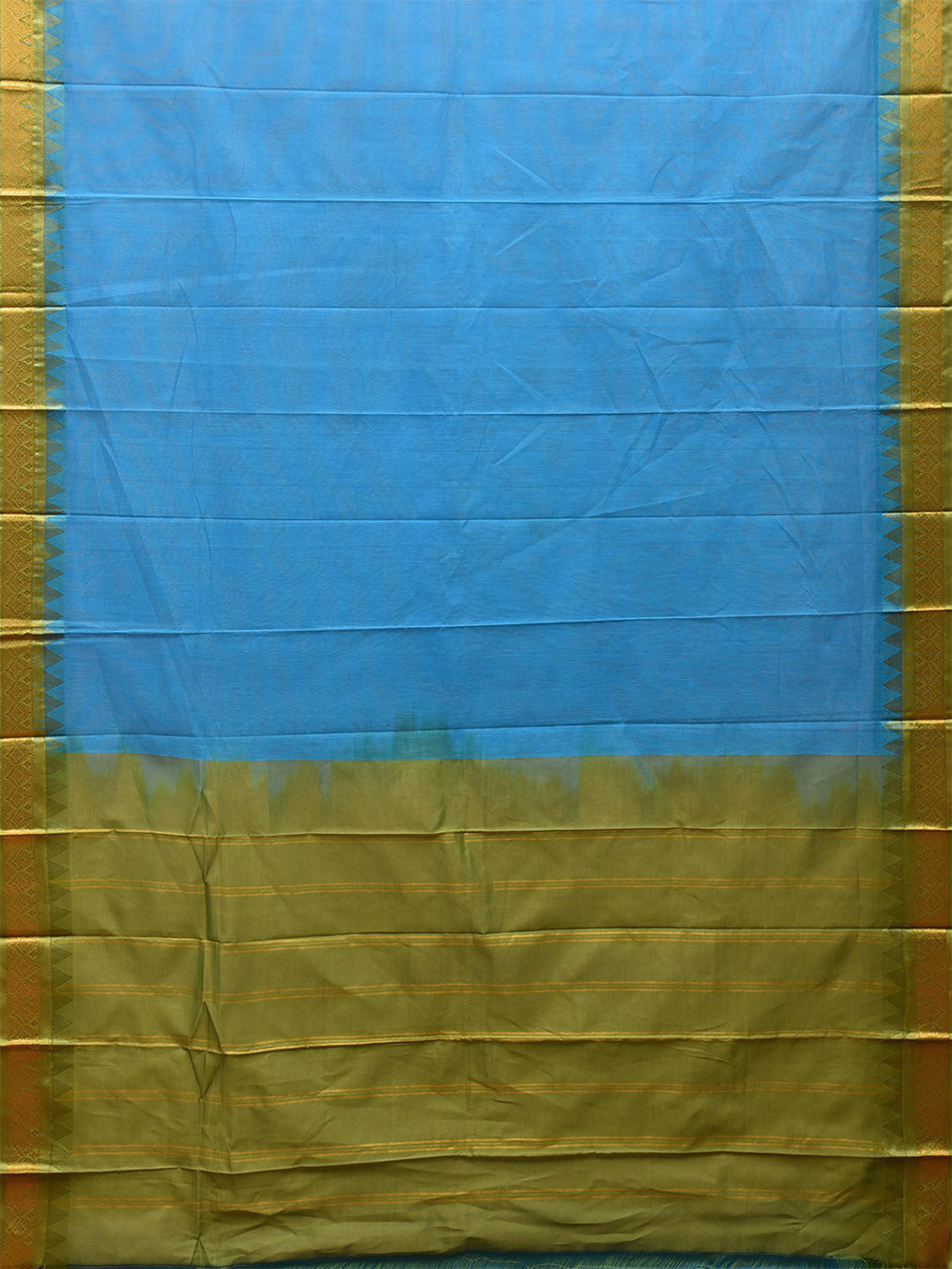 Blue and Green Gadwal Cotton Plain Saree with Strips Pallu and Border Design No Blouse g0400