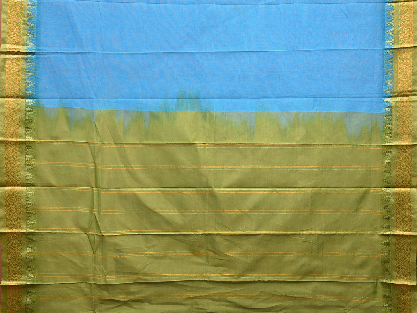 Blue and Green Gadwal Cotton Plain Saree with Strips Pallu and Border Design No Blouse g0400