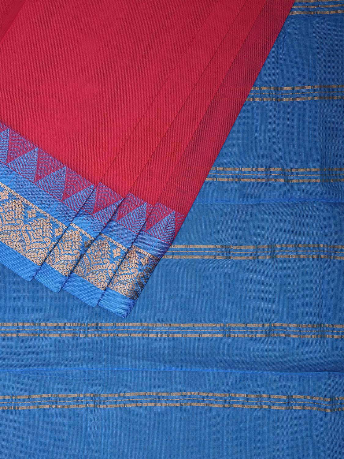 Pink and Blue Gadwal Cotton Plain Saree with Strips Pallu and Border Design No Blouse g0401